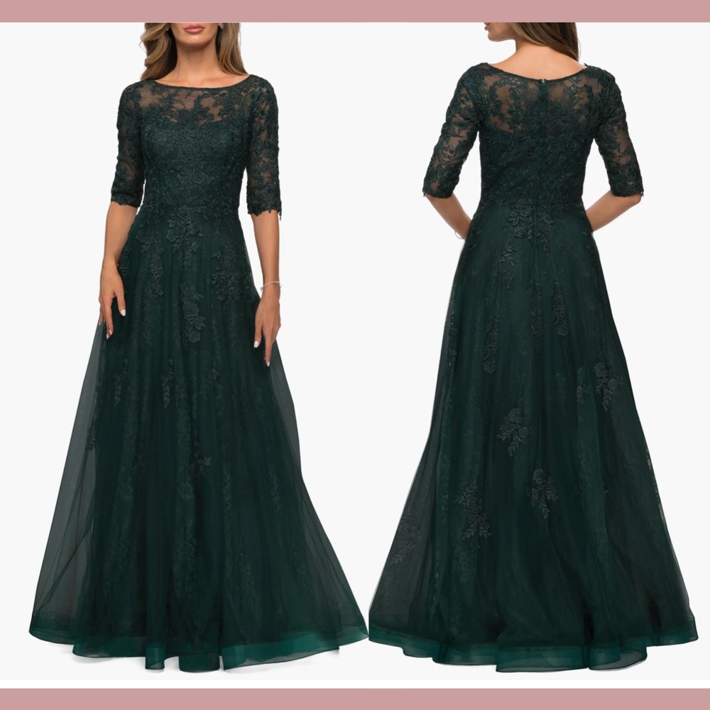 La Femme Forest Green Lace Tulle Maxi Dress